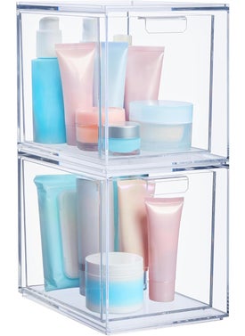 STORi STORi Audrey Stackable Bin Clear Plastic Organizer Drawers | 2 Piece Set | Organize Cosmetics and Beauty Supplies on a Vanity | Made in USA 