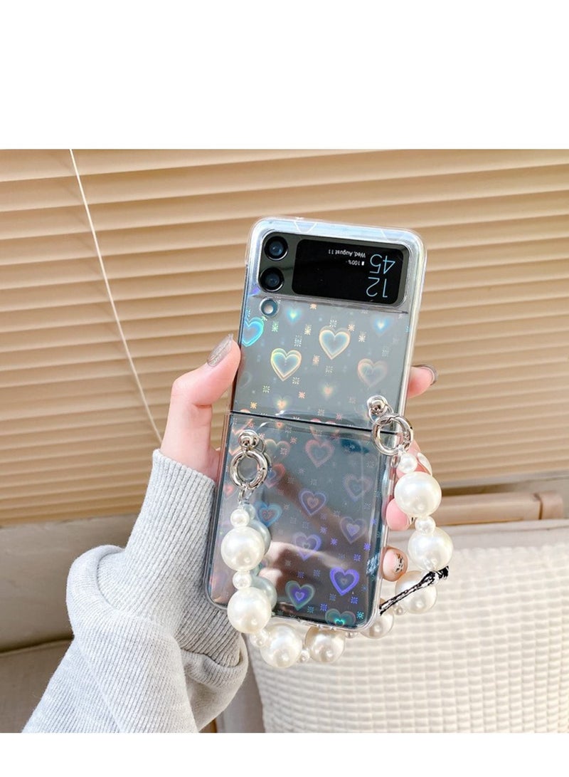 SYOSI For Samsung Galaxy Z Flip 3 Cute Case, Luxury Clear Laser Glitter Bling Heart with Pearl Chain Bracelet Wrist Strap for Women Girls Slim Shockproof Hard PC Cover for Samsung Galaxy Z Flip 3 5G  - Image 4