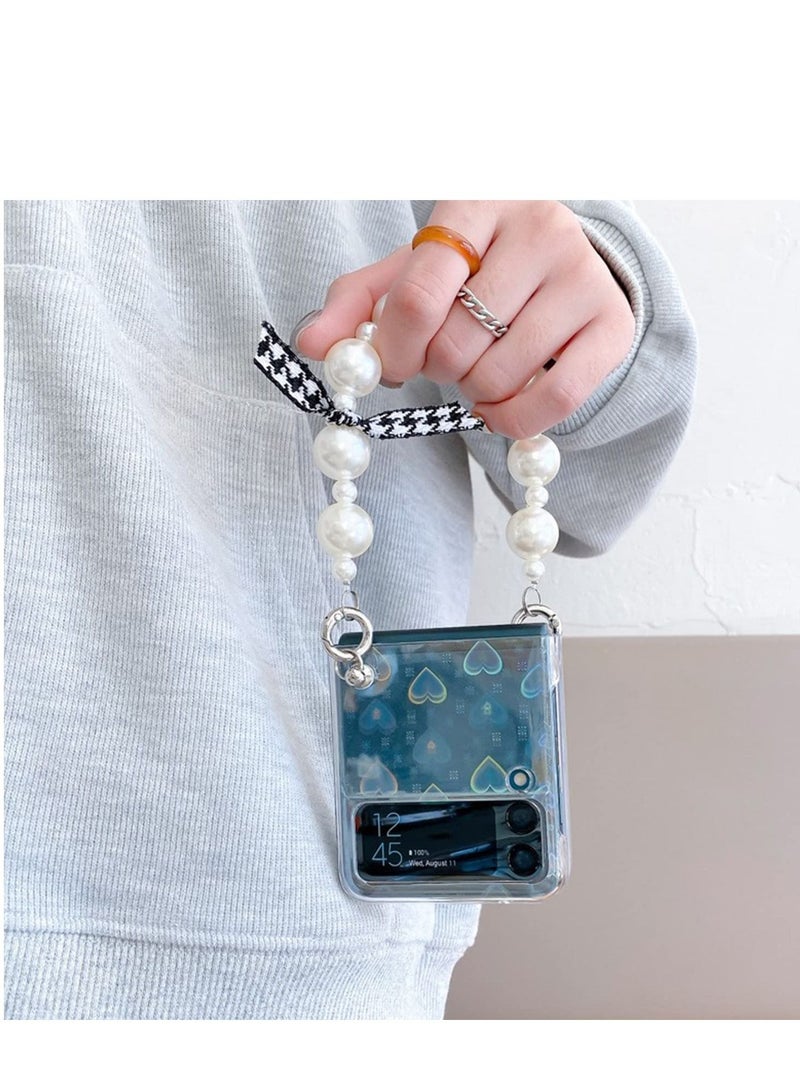 SYOSI For Samsung Galaxy Z Flip 3 Cute Case, Luxury Clear Laser Glitter Bling Heart with Pearl Chain Bracelet Wrist Strap for Women Girls Slim Shockproof Hard PC Cover for Samsung Galaxy Z Flip 3 5G  - Image 5