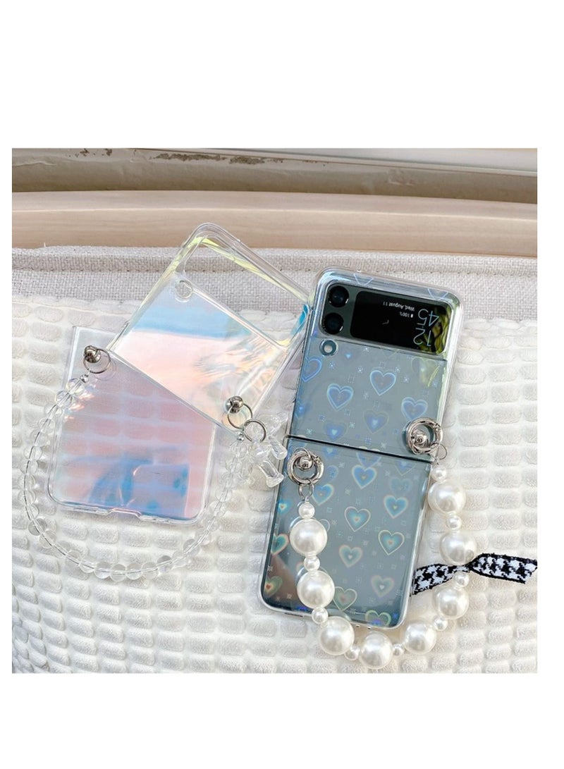 SYOSI For Samsung Galaxy Z Flip 3 Cute Case, Luxury Clear Laser Glitter Bling Heart with Pearl Chain Bracelet Wrist Strap for Women Girls Slim Shockproof Hard PC Cover for Samsung Galaxy Z Flip 3 5G  - Image 2