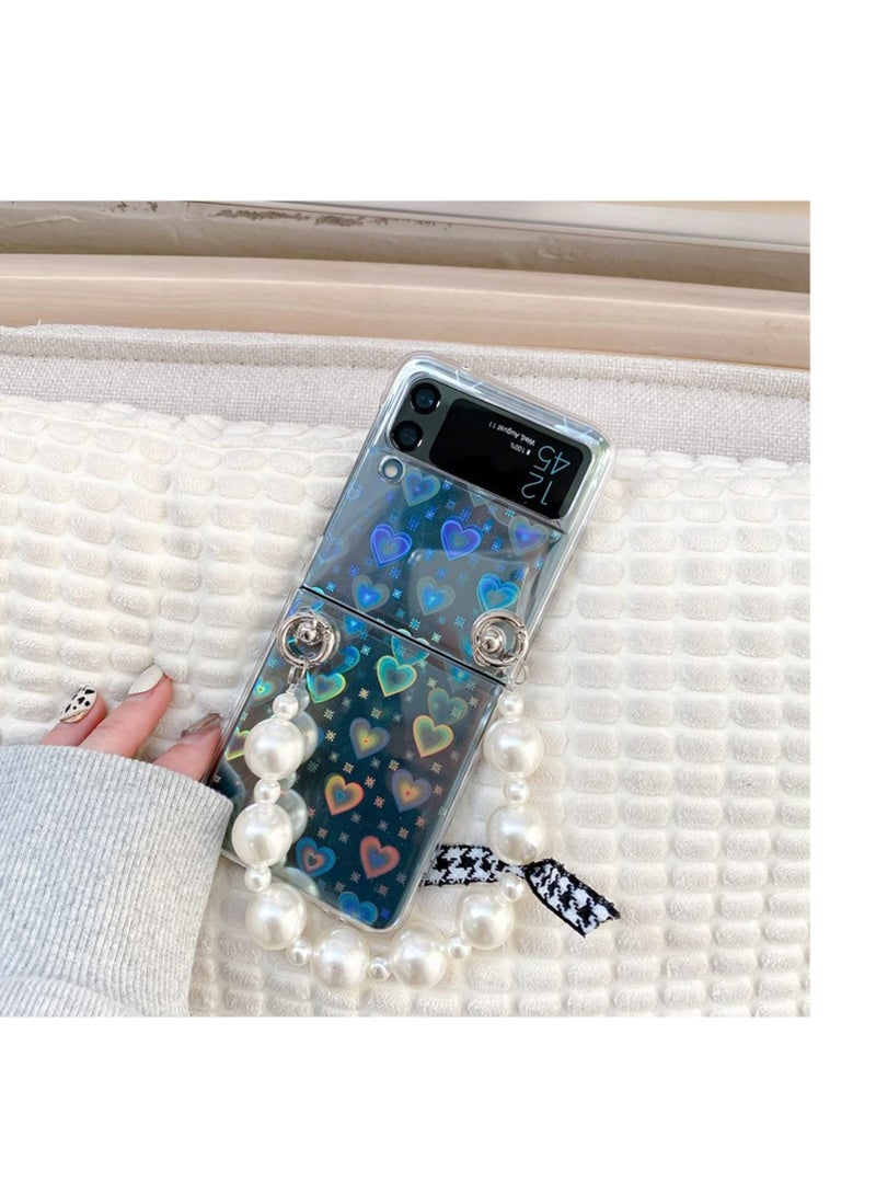SYOSI For Samsung Galaxy Z Flip 3 Cute Case, Luxury Clear Laser Glitter Bling Heart with Pearl Chain Bracelet Wrist Strap for Women Girls Slim Shockproof Hard PC Cover for Samsung Galaxy Z Flip 3 5G  - Image 3