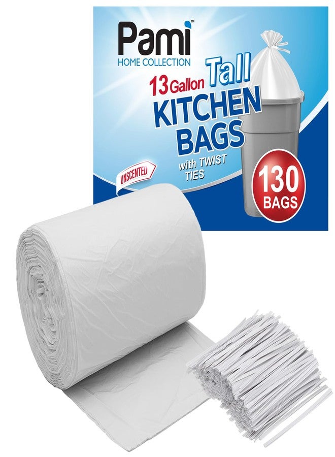 PAMI 13-Gallon Tall Garbage Bags [130-Pack, White] With Twist Ties - Unscented, Odor-Control Trash Can Liners - Strong Multipurpose Plastic Trash Bags For Kitchen, Bathroom, Office - Image 1