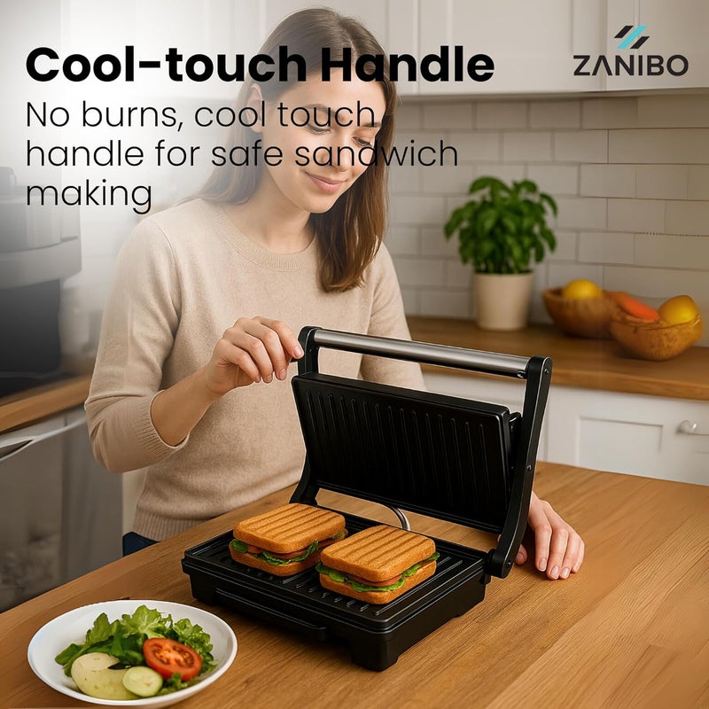 Zanibo Electric Panini Press Grill, 1500W, Floating Hinge for Grilling, Opens Flat for BBQ Mode, Multipurpose Usage - Sandwich Maker, Griller,Burger, Grill Sandwich Maker 1-Year Warranty | Black - Image 3
