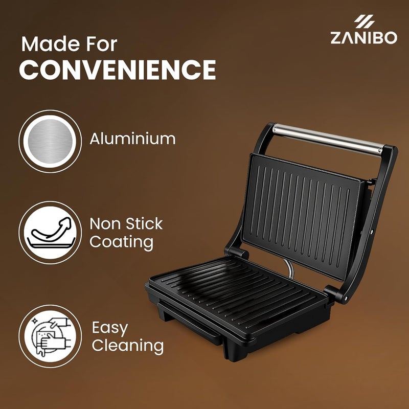 Zanibo Electric Panini Press Grill, 1500W, Floating Hinge for Grilling, Opens Flat for BBQ Mode, Multipurpose Usage - Sandwich Maker, Griller,Burger, Grill Sandwich Maker 1-Year Warranty | Black - Image 4