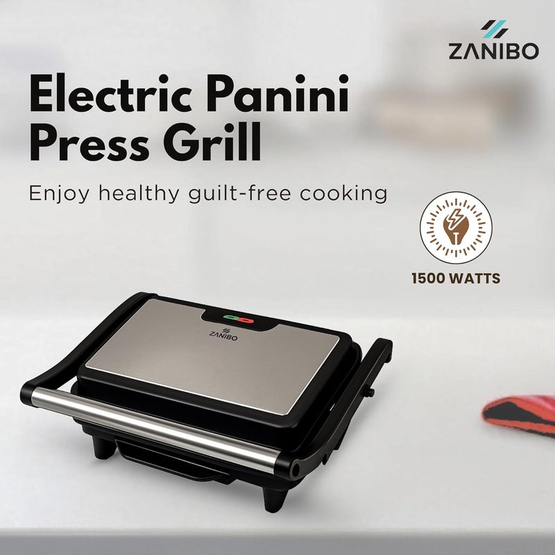 Zanibo Electric Panini Press Grill, 1500W, Floating Hinge for Grilling, Opens Flat for BBQ Mode, Multipurpose Usage - Sandwich Maker, Griller,Burger, Grill Sandwich Maker 1-Year Warranty | Black - Image 2