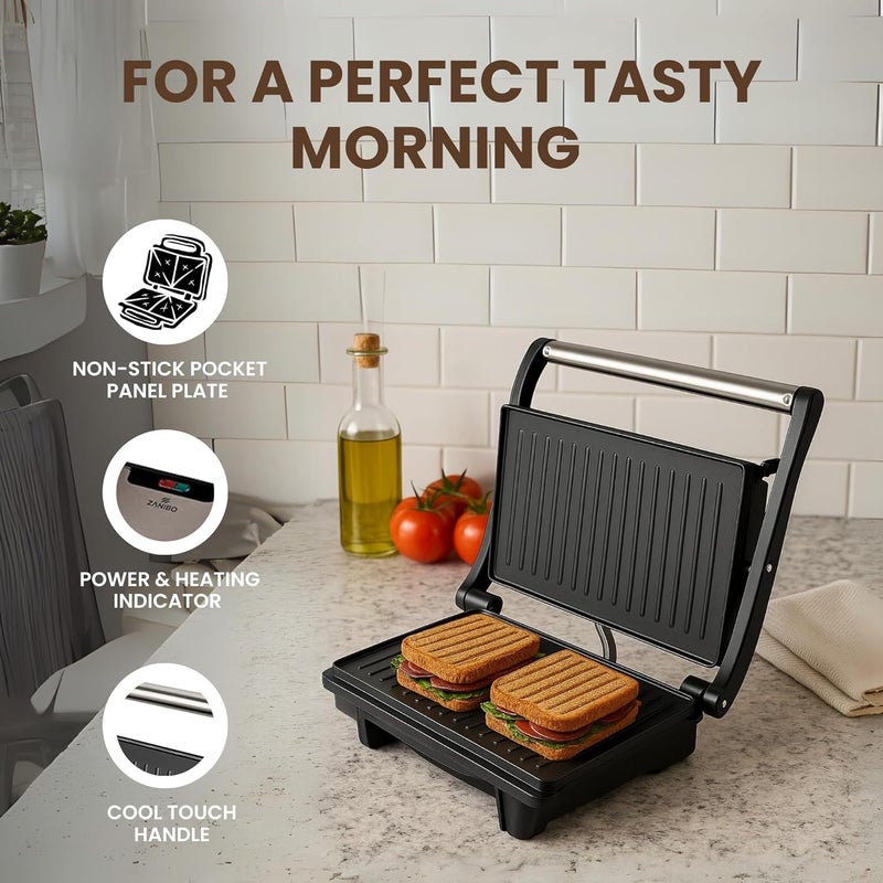 Zanibo Electric Panini Press Grill, 1500W, Floating Hinge for Grilling, Opens Flat for BBQ Mode, Multipurpose Usage - Sandwich Maker, Griller,Burger, Grill Sandwich Maker 1-Year Warranty | Black - Image 5