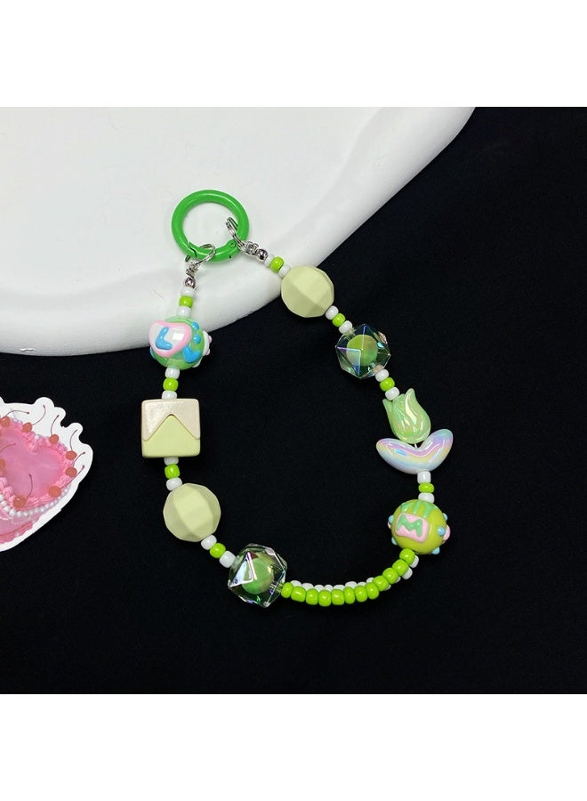 NIBEMINENT Beaded Phone Lanyard, Anti Lost Removable Wrist Strap, Dopamine Girl Colorful Blossoms Bracelet Pendant, Phone Keychain Lanyard,Light Green  - Image 1