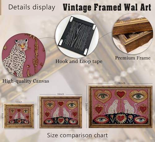 WWN Vintage Gold Framed Gothic Leopard Wall Art Boho Witchy Psychedelic Eye Heart Canvas Prints Pink Cheetah Poster Mystical Jungle Animal Painting Picture Artwork for Bedroom Living Room Decoration - Image 4