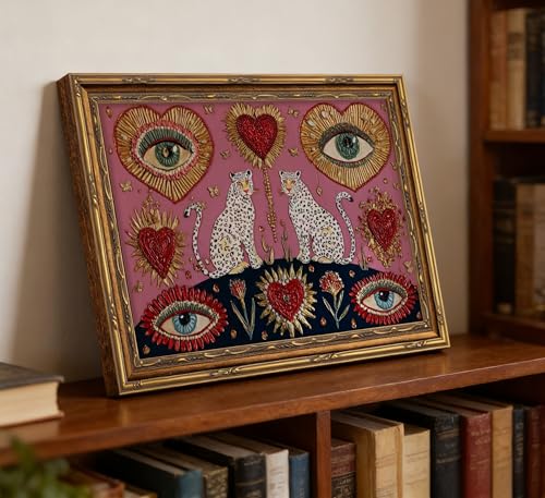 WWN Vintage Gold Framed Gothic Leopard Wall Art Boho Witchy Psychedelic Eye Heart Canvas Prints Pink Cheetah Poster Mystical Jungle Animal Painting Picture Artwork for Bedroom Living Room Decoration - Image 2