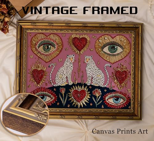 WWN Vintage Gold Framed Gothic Leopard Wall Art Boho Witchy Psychedelic Eye Heart Canvas Prints Pink Cheetah Poster Mystical Jungle Animal Painting Picture Artwork for Bedroom Living Room Decoration - Image 5