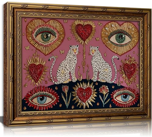 WWN Vintage Gold Framed Gothic Leopard Wall Art Boho Witchy Psychedelic Eye Heart Canvas Prints Pink Cheetah Poster Mystical Jungle Animal Painting Picture Artwork for Bedroom Living Room Decoration - Image 1