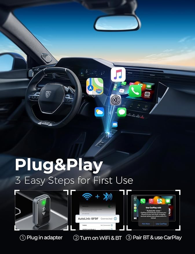 HB PLUS محول وايرلس CarPlay 2 في 1 لهواتف iPhone/Android تحويل من سلكي إلى وايرلس، حجم صغير مع كابل تمديد USB و USB-C/Type-C، تحكم مستقر وبدون تأخير، أسود - Image 3