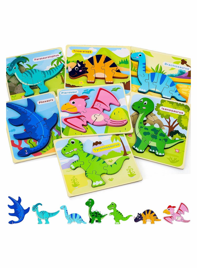 KASTWAVE Dinosaur Puzzles for Kids, Wooden Puzzles for Toddlers, Dinosaur Toys for Kids Toddlers Girls Boys Gifts for Birthday, Educational Dinosaur Learning Toys for Toddlers Preschool 7Pcs  - Image 1