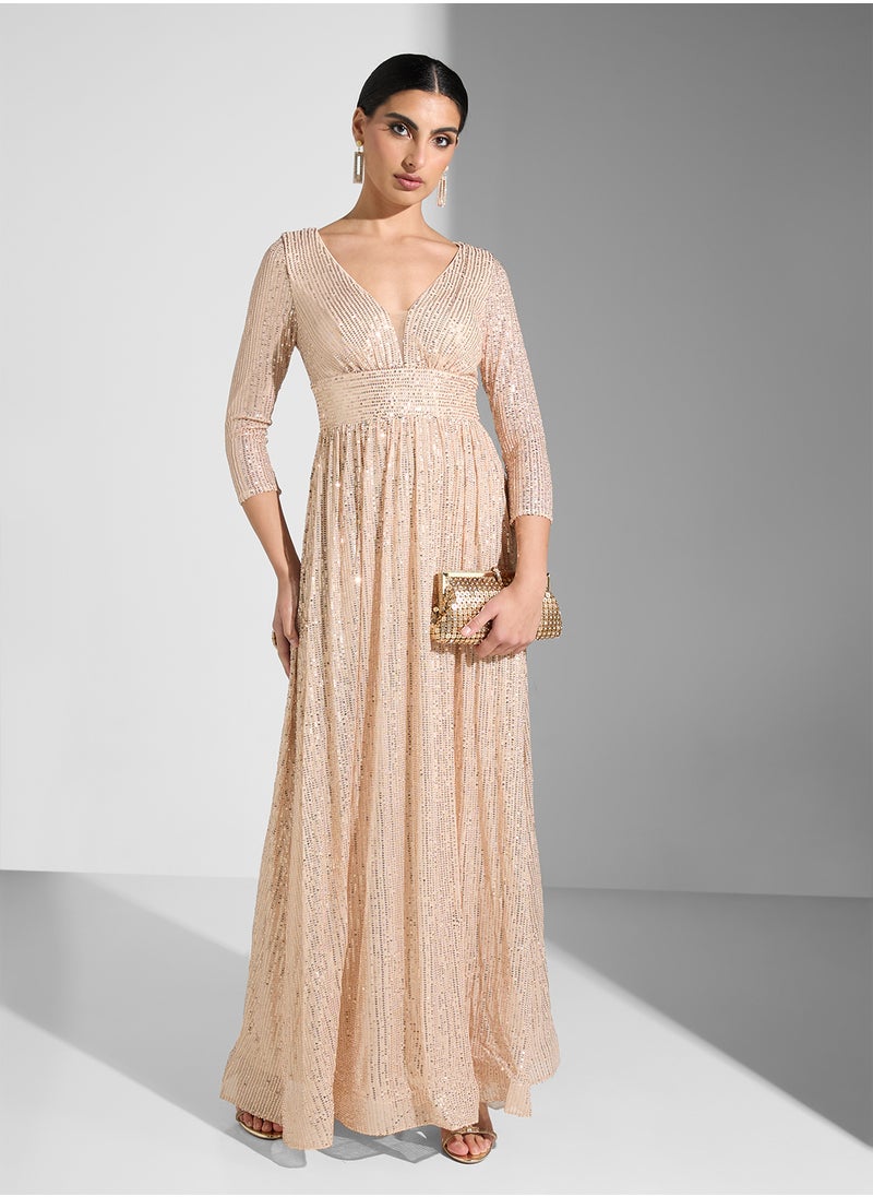 Little Mistress - Sequin 3/4 Sleeve V-Neck  Dress - Image 1