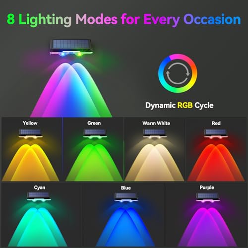 TECKNET Solar Fence Lights Outdoor 12 Pack Warm White 6 Colors RGB IP66 Waterproof LED Deck Light Dusk to Dawn Fence Lights Solar for Wall Railing Step Patio Pool Backyard Outside - Image 3