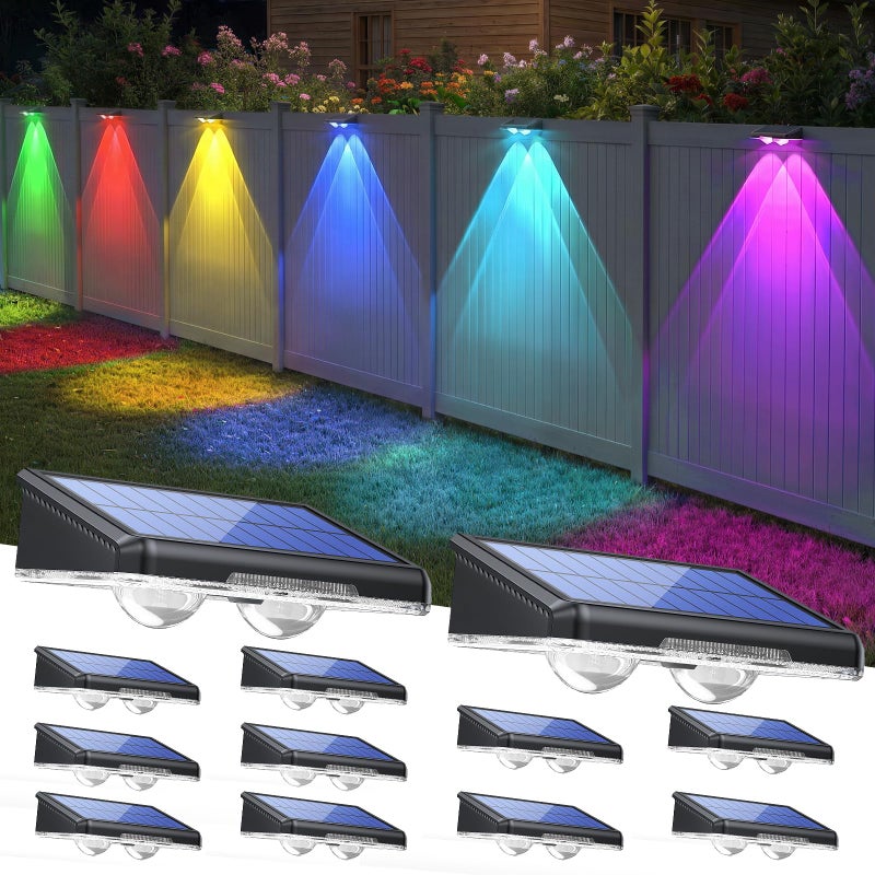 TECKNET Solar Fence Lights Outdoor 12 Pack Warm White 6 Colors RGB IP66 Waterproof LED Deck Light Dusk to Dawn Fence Lights Solar for Wall Railing Step Patio Pool Backyard Outside - Image 2