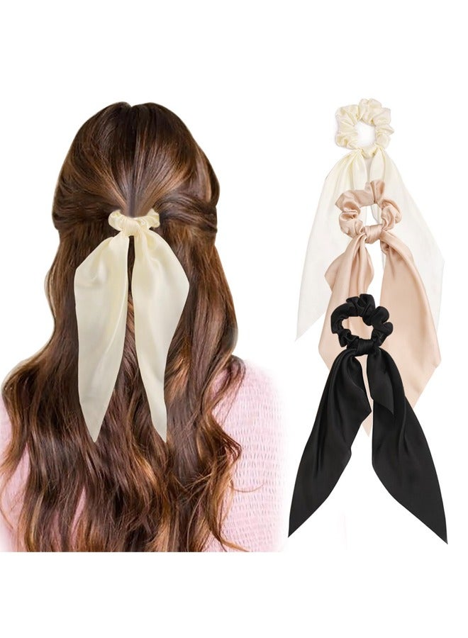 GUSGU 3PCS Knotted Hair Scrunchies Satin Scarf Hair Tie Elastic Bow Hair Bands Silky Hair Ribbon Long Tail Ponytail Holder Hair Accessories for Women Girls - Image 1