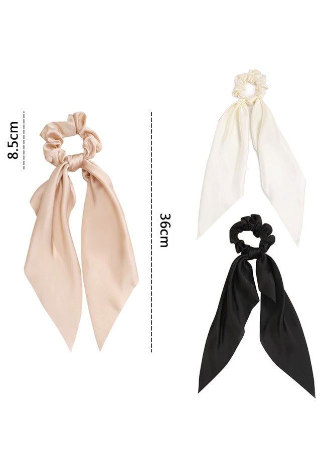 GUSGU 3PCS Knotted Hair Scrunchies Satin Scarf Hair Tie Elastic Bow Hair Bands Silky Hair Ribbon Long Tail Ponytail Holder Hair Accessories for Women Girls - Image 3