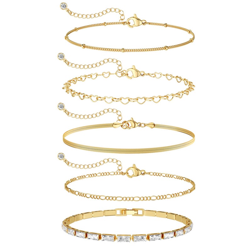 MBW 14K Gold Plated Bracelets for Women, Dainty Tennis Bracelet Set Stackable Bracelets CZ Tiny Cute Heart Figaro Link Chain Bracelet Minimalist Waterproof Jewelry for Women Trendy - Image 1