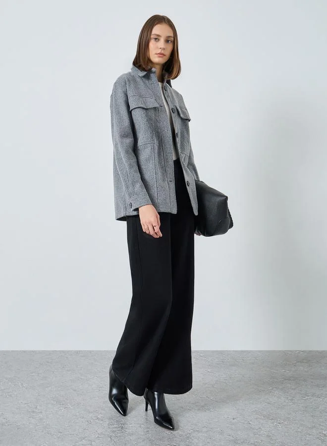 Styli Grey Oversized Longline Jacket with Flap Pocket