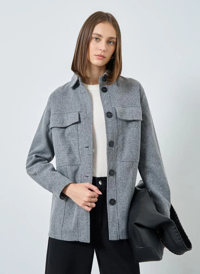 Styli Grey Oversized Longline Jacket with Flap Pocket