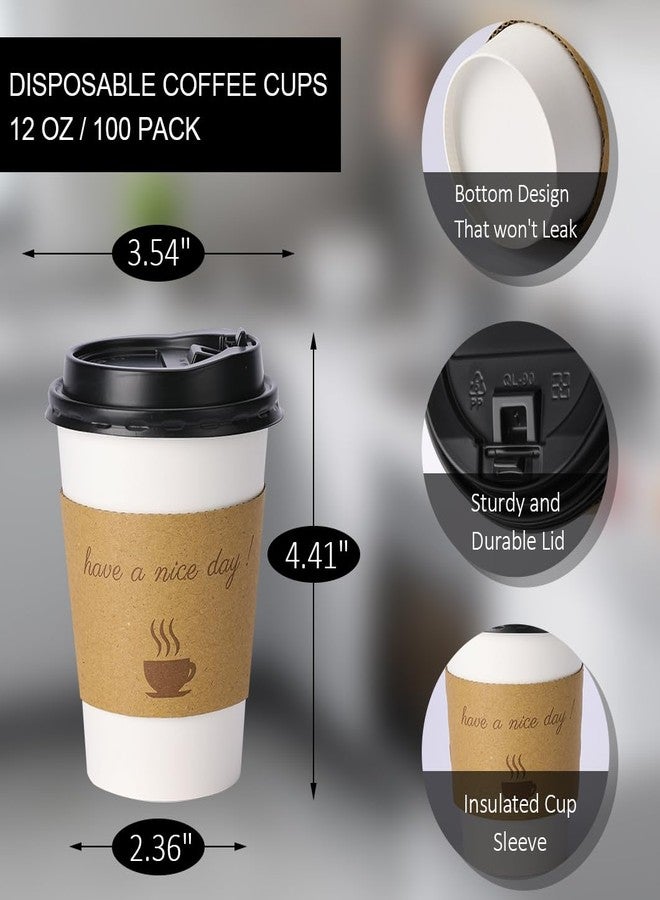 BYSNOW 100 pack 12 oz Disposable Thickened Coffee Cups with Lids, Scald Resistant Hot Cup with Sleeve and Straw, To Go Coffee Cups for Home, Office, Cafes and Party (White 12oz) - Image 2