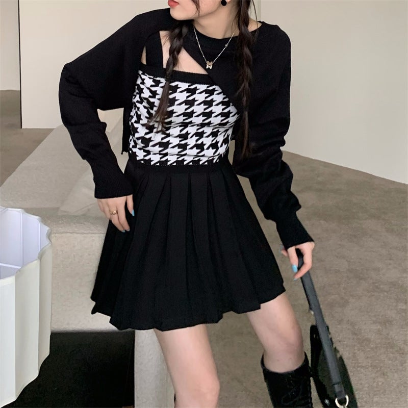 Fashion Knitted Top Set Womens Blouse Spring and Autumn Stacked Design Sling Top Two-piece Set 1609 black two-piece set 