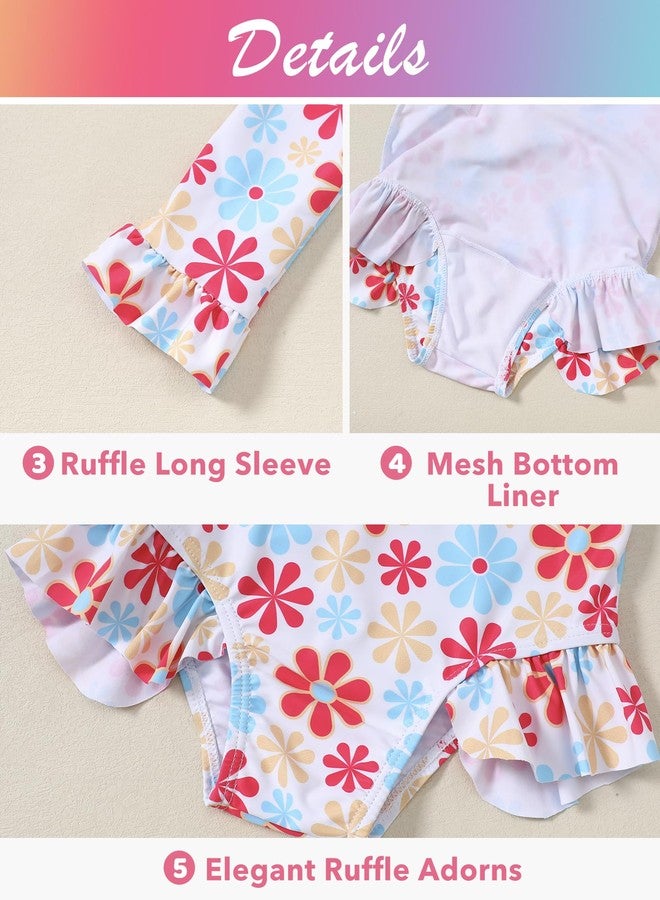 Ghteas Girls Bathing Suit Baby Swimsuit Girl Long Sleeve One Piece Ruffle Zipper UPF 50+ Rash Guard Swimwear Florals 2t Bathing Suit Toddler Girls - Image 4
