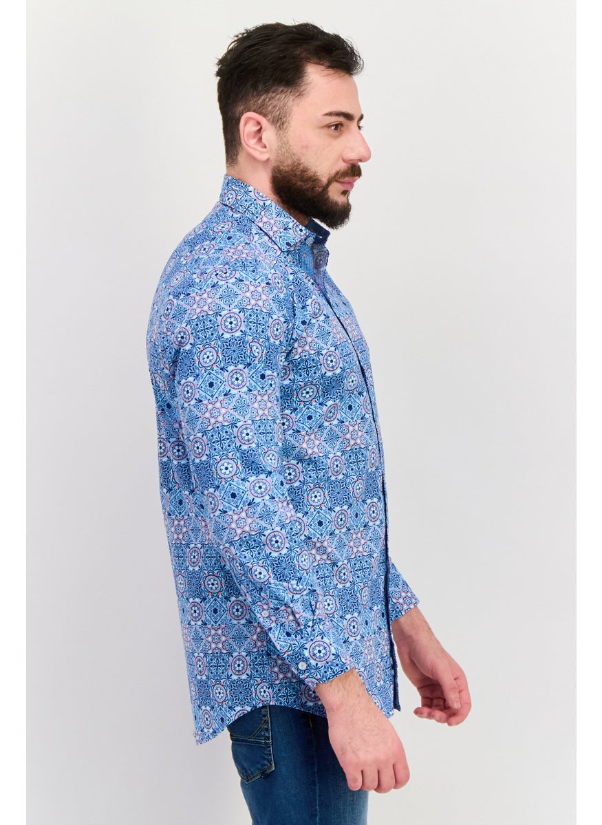 Tailorbyrd Men Regular Fit Long Sleeve All Over Casual Shirt, Blue  - Image 3