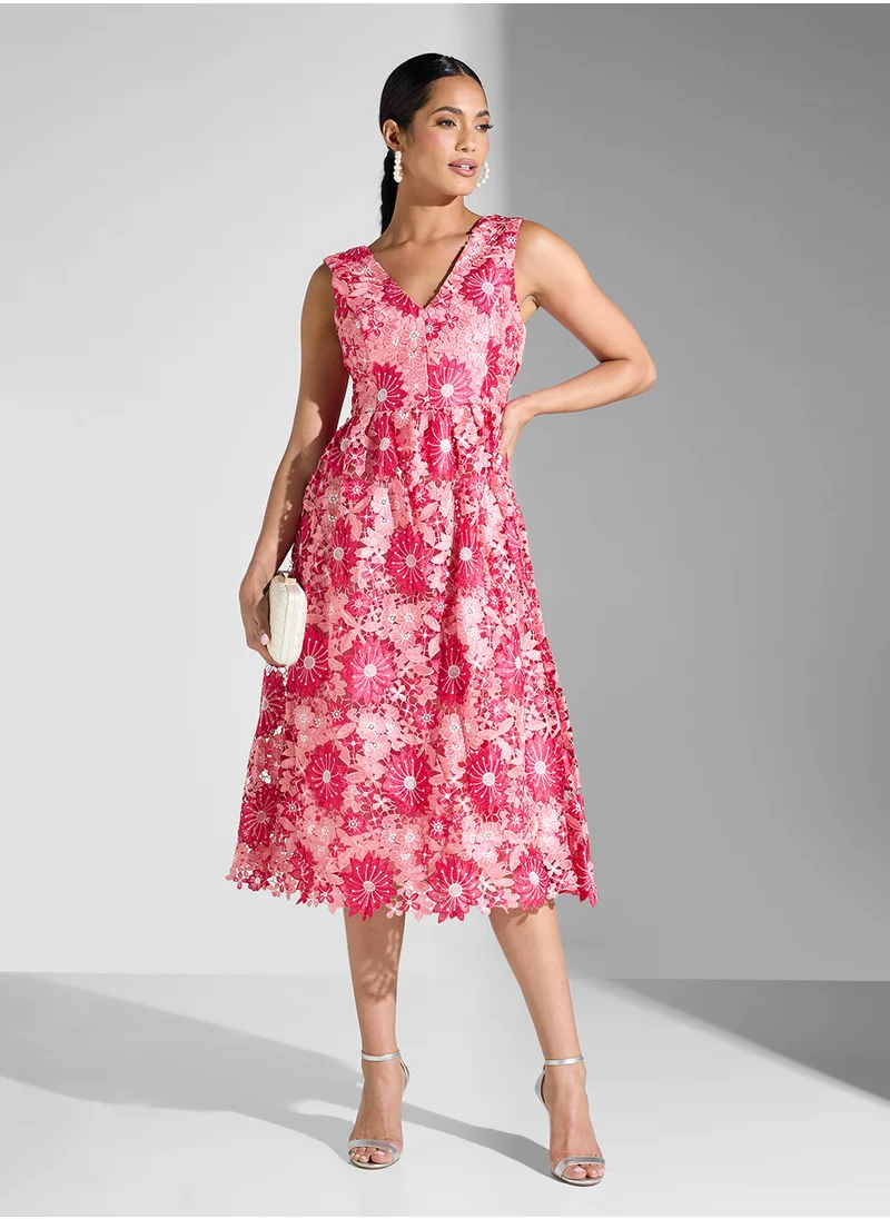 جاست مي Flroal Lace Back Tie Midi Dress