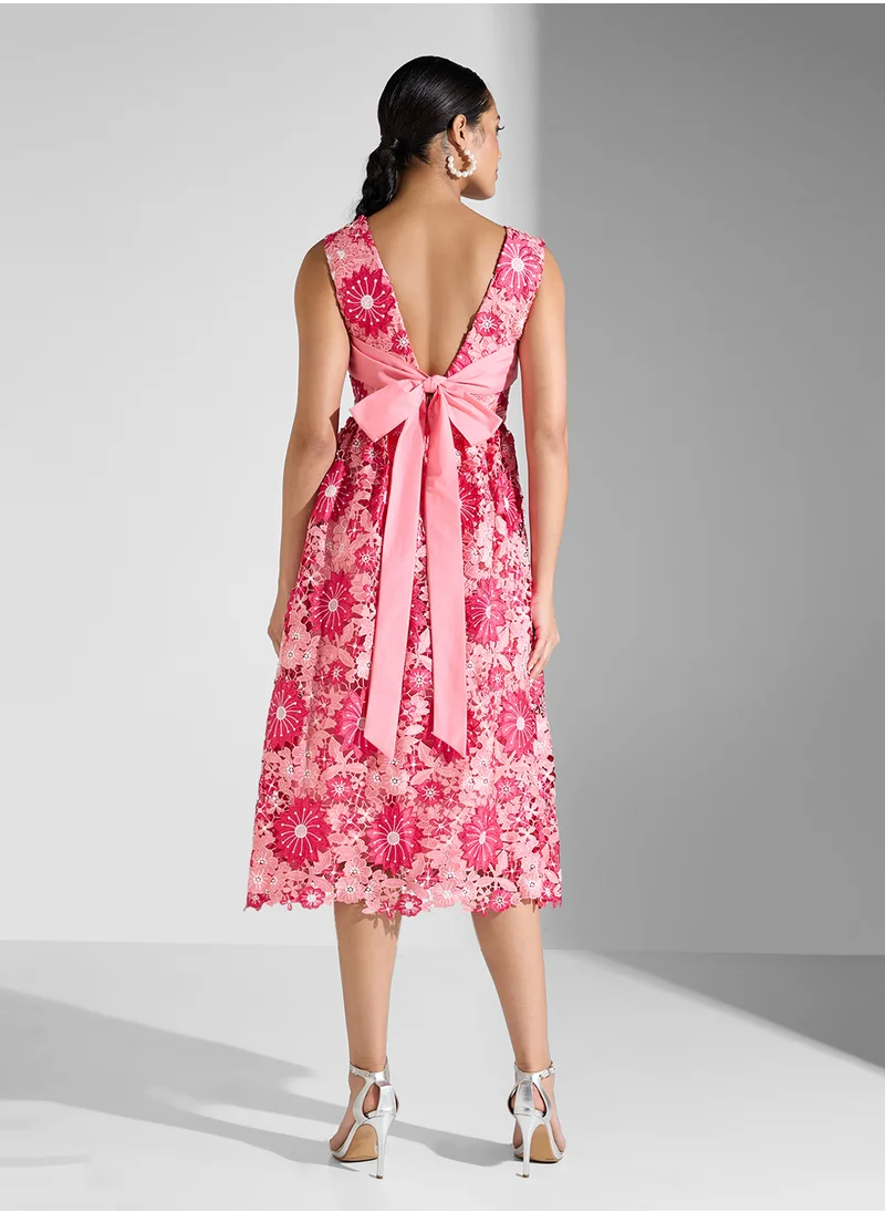 جاست مي Flroal Lace Back Tie Midi Dress