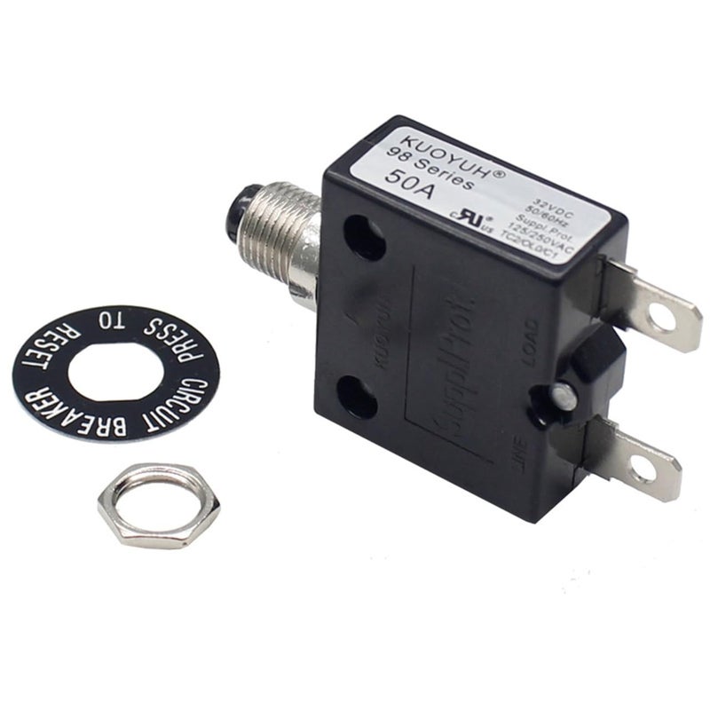 KQEC Thermal Circuit Breaker 50A 125/250VAC 32VDC 98 Series Push-Button-to-Reset Thermal Overload Circuit Breaker with Plug-in Quick Connect Terminals KUOYUH 98 Series - Image 1