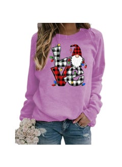 Christmas Santa Claus Plaid Love Print round Neck Long Sleeve Sweatshirt Jacket Womens European Size Street Style Polyester Purple