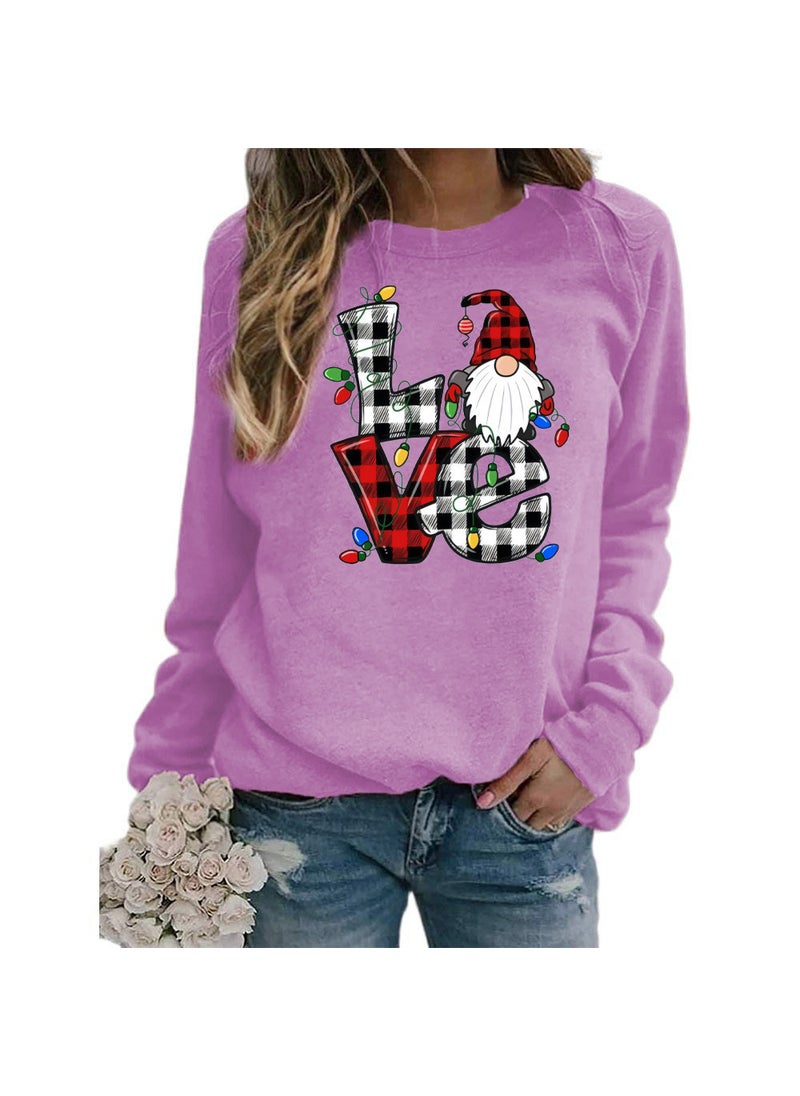 Generic - Christmas Santa Claus Plaid Love Print round Neck Long Sleeve Sweatshirt Jacket Womens European Size Street Style Polyester Purple - Image 1