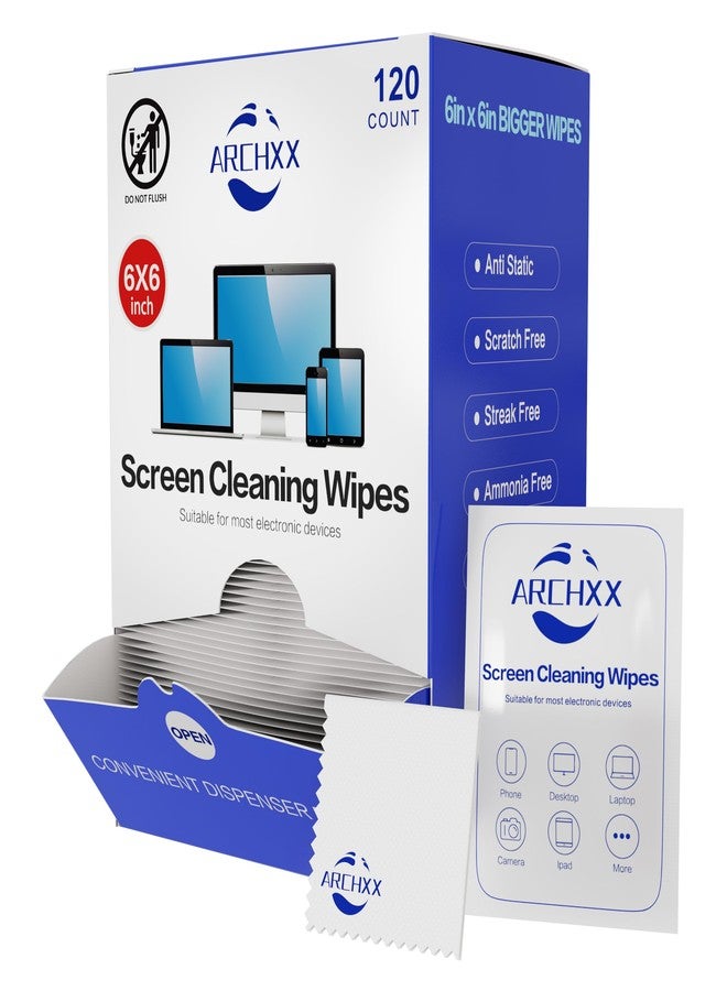 ARCHXX Screen wipes for Electronics,120 Count 6"x6" Pre-Moistened Screen Cleaner Wipes.Electronic Wipes for Screens, Computer,Laptop,Tablet,Phone,Monitor.Car Screen Cleaner,Lens Wipes Individually Wrapped - Image 1