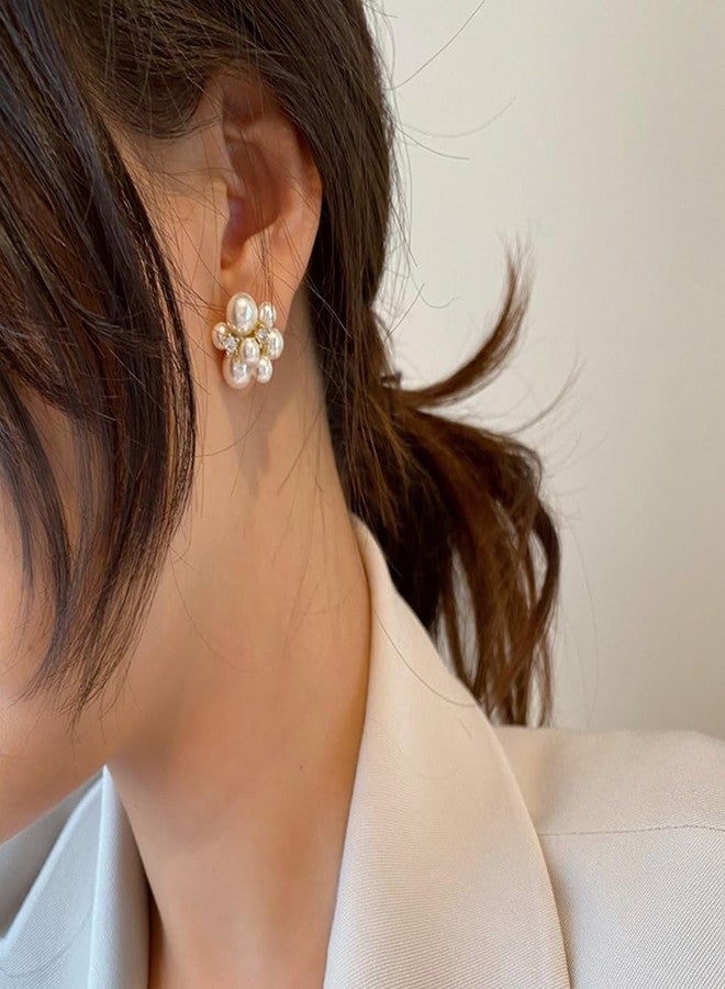 FUTIMELY Pearl Cluster Earrings for Women,Small White Pearl Stud Earrings,Aesthetic Rhinestone Bead Stud Earrings Wedding Jewelry (White) - Image 2