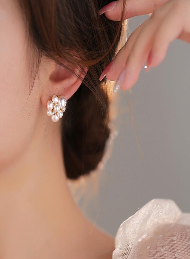 FUTIMELY Pearl Cluster Earrings for Women,Small White Pearl Stud Earrings,Aesthetic Rhinestone Bead Stud Earrings Wedding Jewelry (White) - Image 3