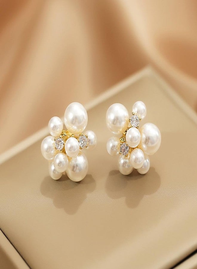 FUTIMELY Pearl Cluster Earrings for Women,Small White Pearl Stud Earrings,Aesthetic Rhinestone Bead Stud Earrings Wedding Jewelry (White) - Image 5