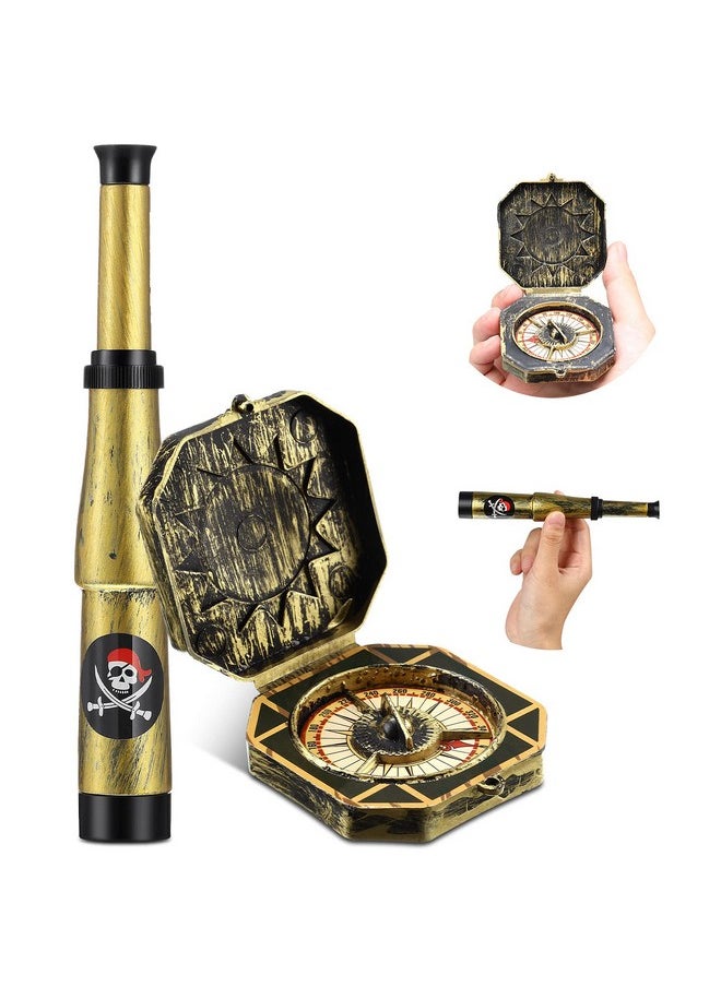 Gejoy 2 Pcs Pirate Telescope And Pirate Compass For Kids Adults Retro Mini Plastic Pirate Toy For Pirate Theme Party Halloween Cosplay Supplies  - Image 1