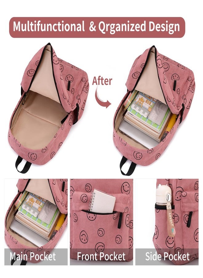 Tanweibago Backpack for Girls Boy Teen Corduroy Bookbags Elementary Middle High School with Lunch Box Pencil Bag, Smile Pink, One Size, Backpack - Image 4