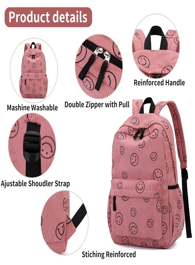 Tanweibago Backpack for Girls Boy Teen Corduroy Bookbags Elementary Middle High School with Lunch Box Pencil Bag, Smile Pink, One Size, Backpack - Image 3