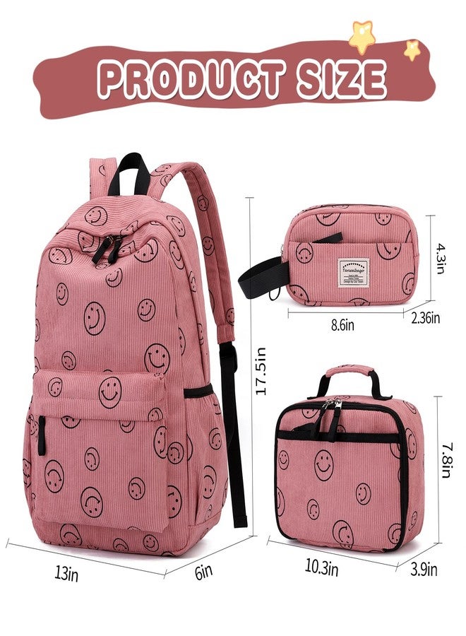 Tanweibago Backpack for Girls Boy Teen Corduroy Bookbags Elementary Middle High School with Lunch Box Pencil Bag, Smile Pink, One Size, Backpack - Image 2