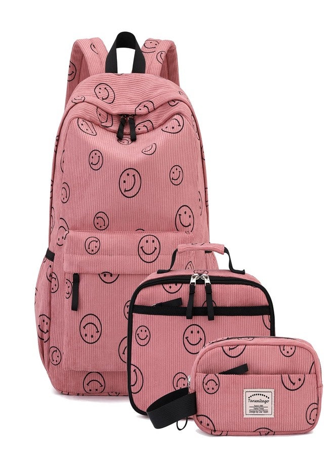 Tanweibago Backpack for Girls Boy Teen Corduroy Bookbags Elementary Middle High School with Lunch Box Pencil Bag, Smile Pink, One Size, Backpack - Image 1
