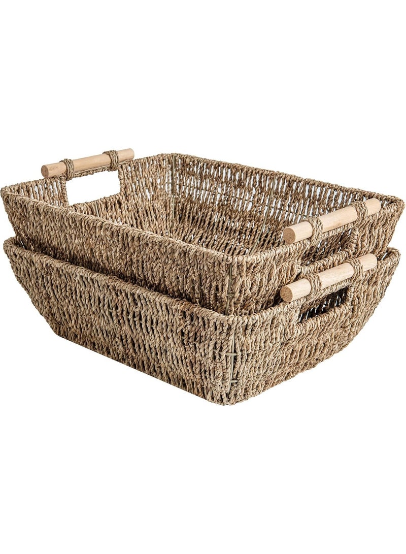GOGOGO Hand-Woven Jumbo Storage Baskets with Wooden Handles, Seagrass Wicker Baskets for Organizing, 2-Pack - Image 1