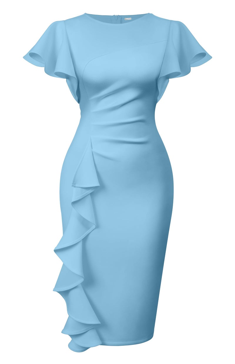 Memoriesea Women's Vintage Church Ruffle Sleeve Ruched Bodycon Work Midi Pencil Dress Light Blue - Image 1