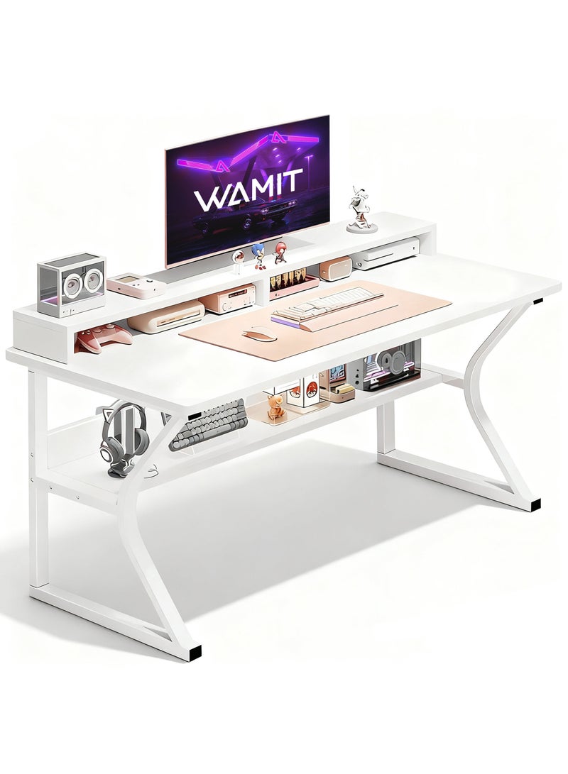 WEMART Gaming Table, Computer Desk with Monitor Stand and Shelf, Ergonomic Home Office Table, Office Desk Home Desk Student Writing Study Table (White 140x60x75CM) - Image 1