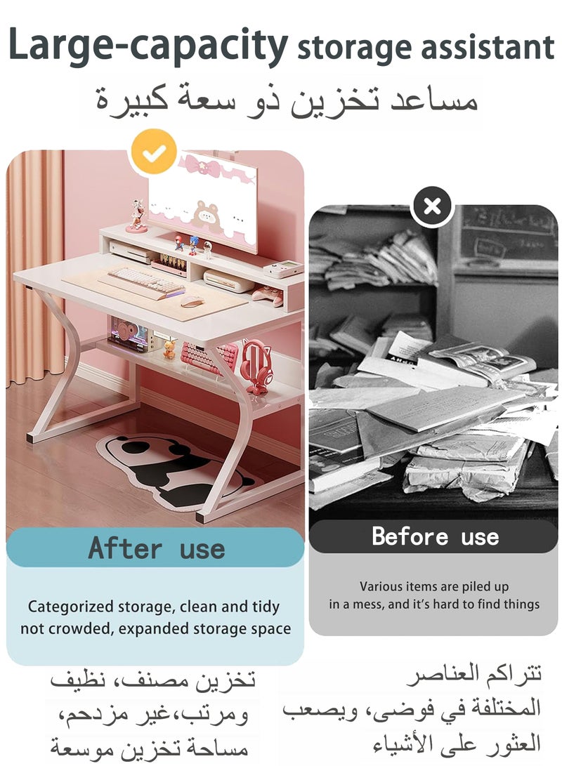 WEMART Gaming Table, Computer Desk with Monitor Stand and Shelf, Ergonomic Home Office Table, Office Desk Home Desk Student Writing Study Table (White 140x60x75CM) - Image 3