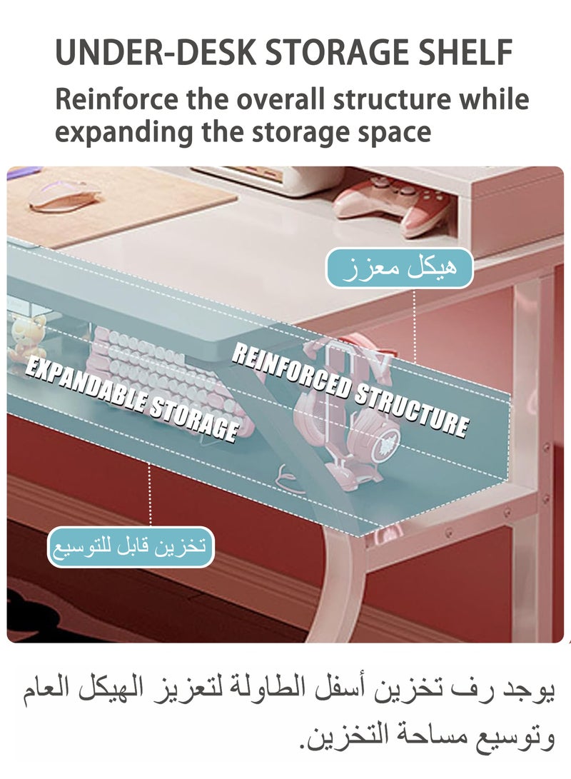 WEMART Gaming Table, Computer Desk with Monitor Stand and Shelf, Ergonomic Home Office Table, Office Desk Home Desk Student Writing Study Table (White 140x60x75CM) - Image 4