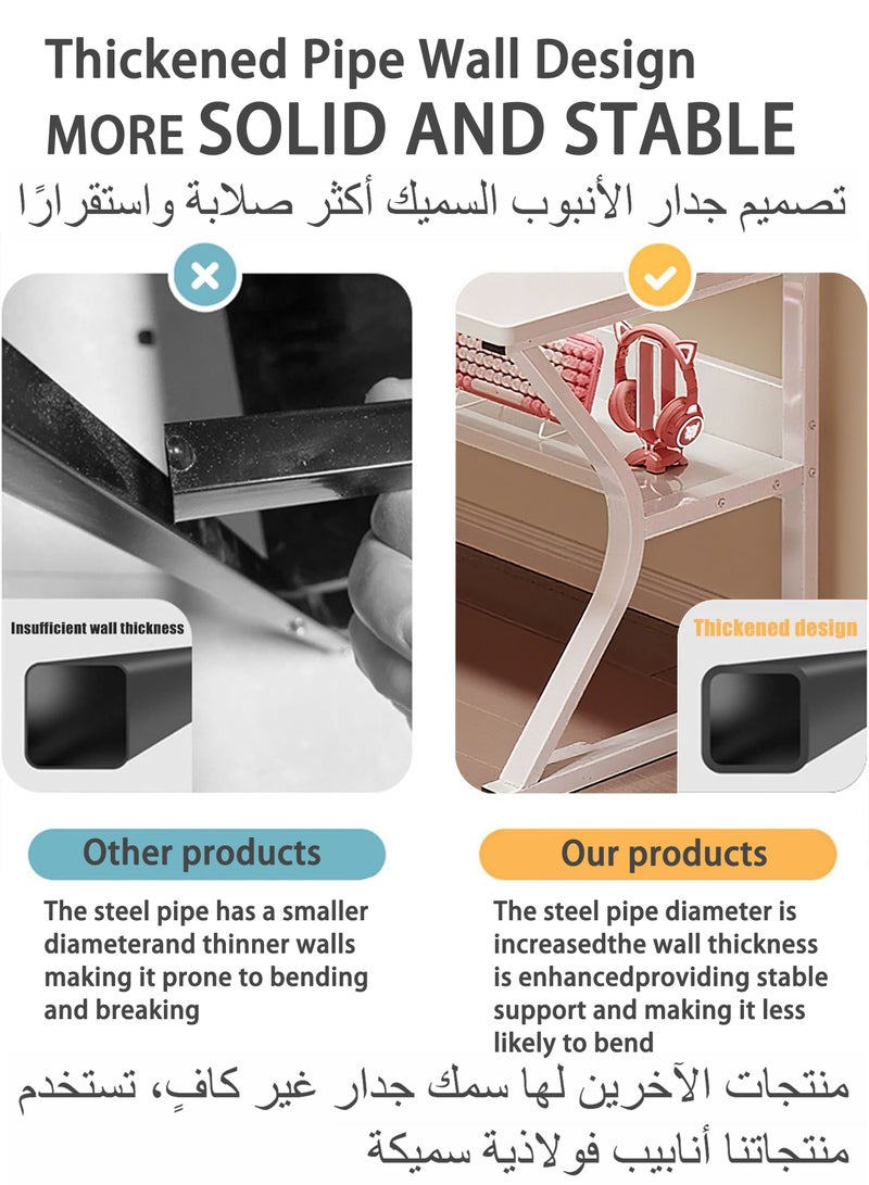 WEMART Gaming Table, Computer Desk with Monitor Stand and Shelf, Ergonomic Home Office Table, Office Desk Home Desk Student Writing Study Table (White 140x60x75CM) - Image 5