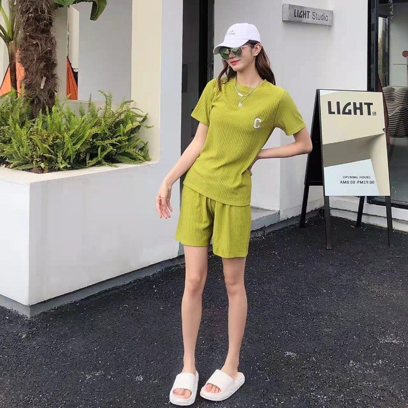 Chic Letter Print Pleated Sleeve Short Set Matcha green  - Image 1